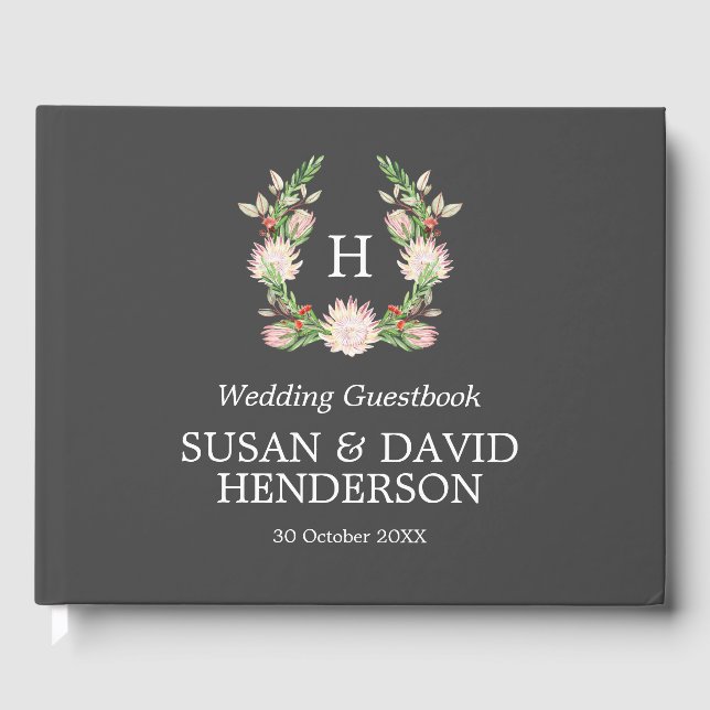 Monogrammed Australian Flowers Gray & Pink Wedding Guest Book (Front)