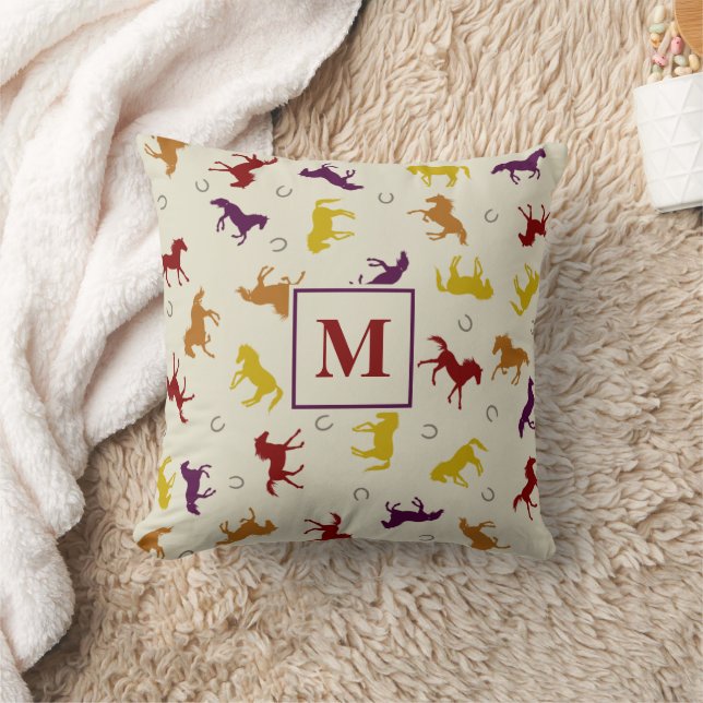 Monogrammed Autumn Fall Leaf Horse Pattern Throw Pillow (Blanket)