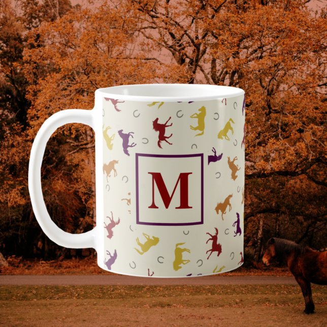 Monogrammed Autumn Fall Leaves Horse Pattern Coffee Mug (Creator Uploaded)