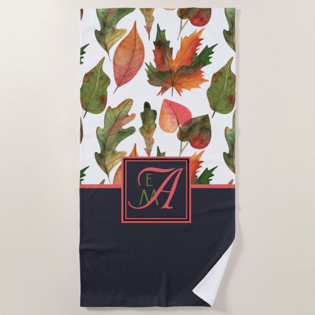 Monogrammed Autumn Leaves Blue Orange Fall Decor Beach Towel (Front)