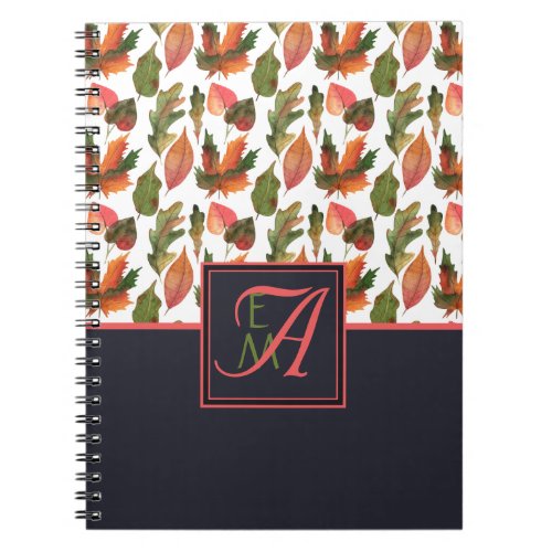 Monogrammed Autumn Leaves Blue Orange Fall Decor Notebook