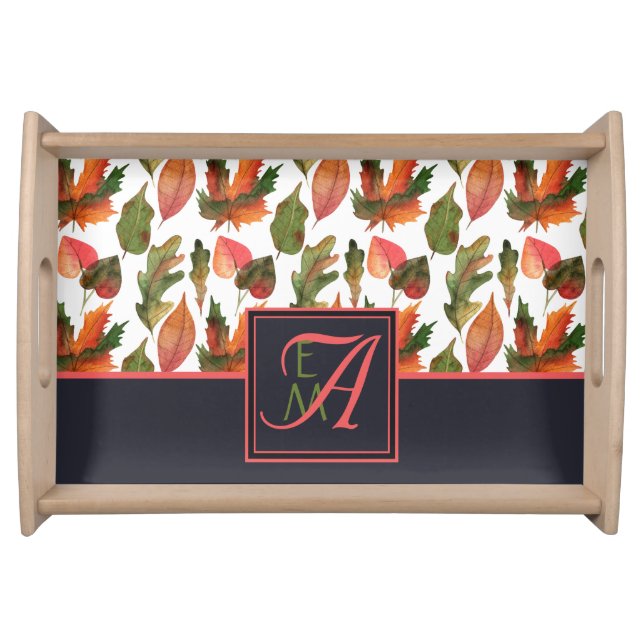 Monogrammed Autumn Leaves Blue Orange Fall Decor Serving Tray (Front)