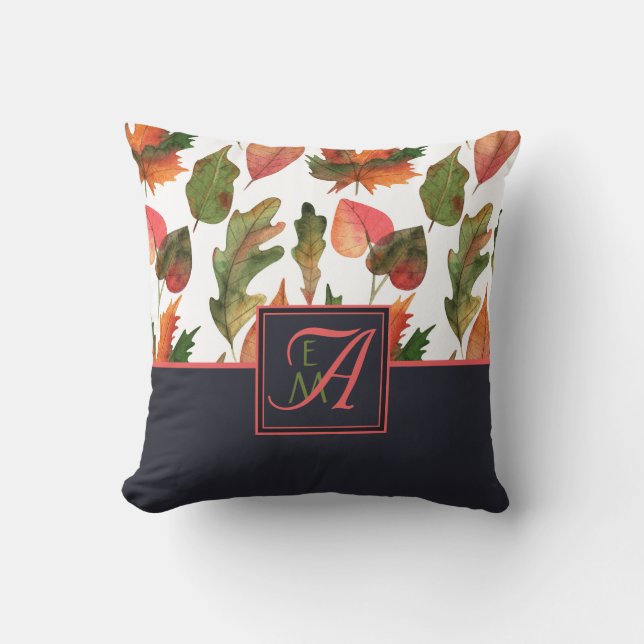 Monogrammed Autumn Leaves Blue Orange Fall Decor Throw Pillow (Front)