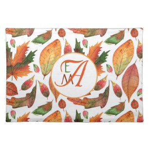 Monogrammed Autumn Leaves Fall Orange Green Decor Cloth Placemat