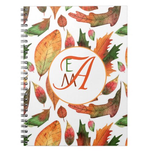 Monogrammed Autumn Leaves Fall Orange Green Decor Notebook