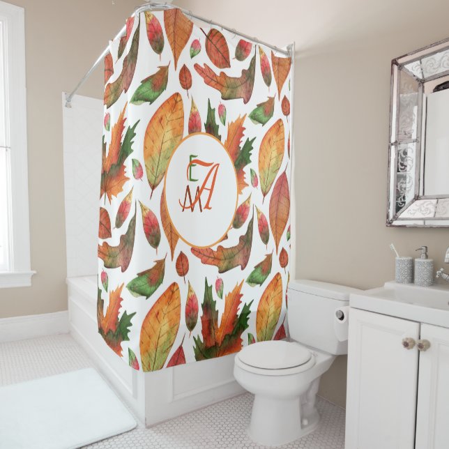 Monogrammed Autumn Leaves Fall Orange Green Decor Shower Curtain (In Situ)