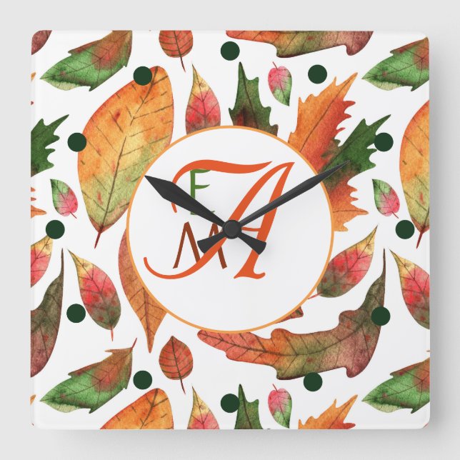 Monogrammed Autumn Leaves Fall Orange Green Decor Square Wall Clock (Front)