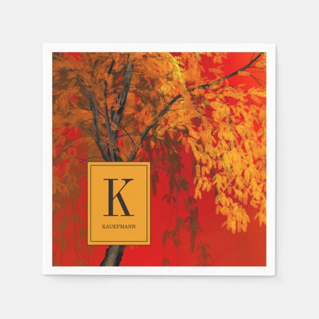 Monogrammed Autumn Tree Painting Paper Napkins (Front)