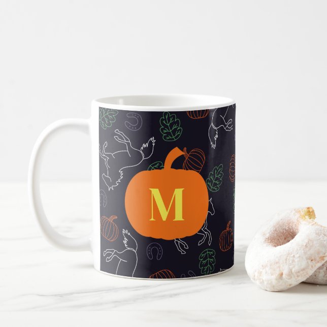 Monogrammed Autumnal Halloween Horse Pattern Coffee Mug (With Donut)