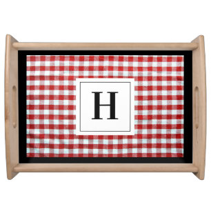 Monogrammed B&W Initial on Red Plaid Serving Tray