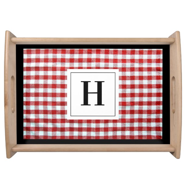 Monogrammed B&W Initial on Red Plaid Serving Tray (Front)
