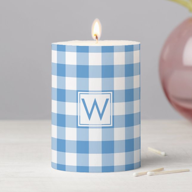 Monogrammed Baby Blue White Gingham Plaid Pattern Pillar Candle (In Situ)