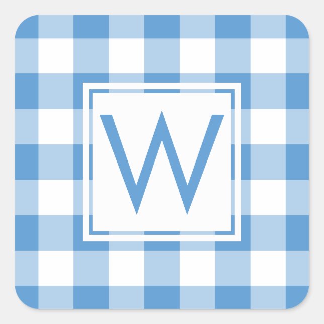 Monogrammed Baby Blue White Gingham Plaid Pattern Square Sticker (Front)