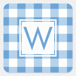 Monogrammed Baby Blue White Gingham Plaid Pattern Square Sticker