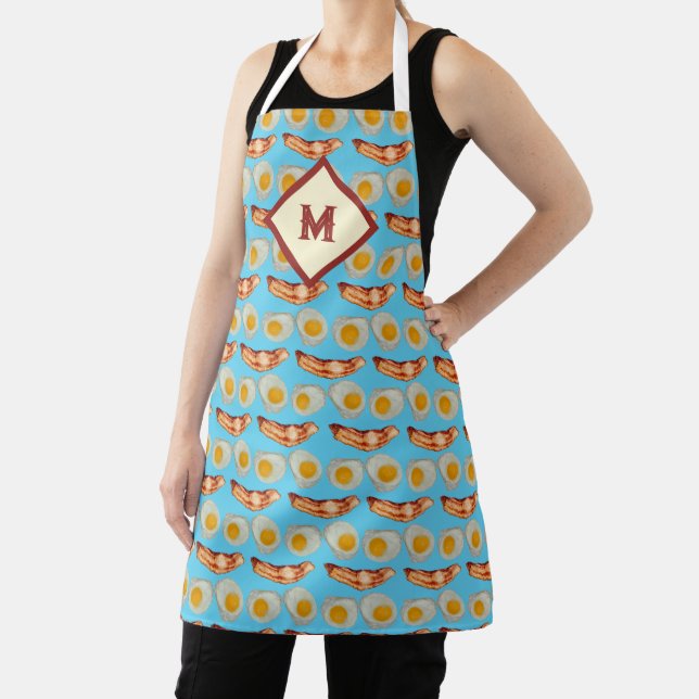 Monogrammed Bacon + Eggs Smile Pattern Gag Gift Apron (Insitu)