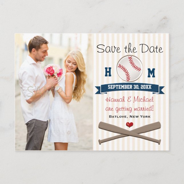 Monogrammed Baseball Themed Save the Date Announcement Postcard (Front)