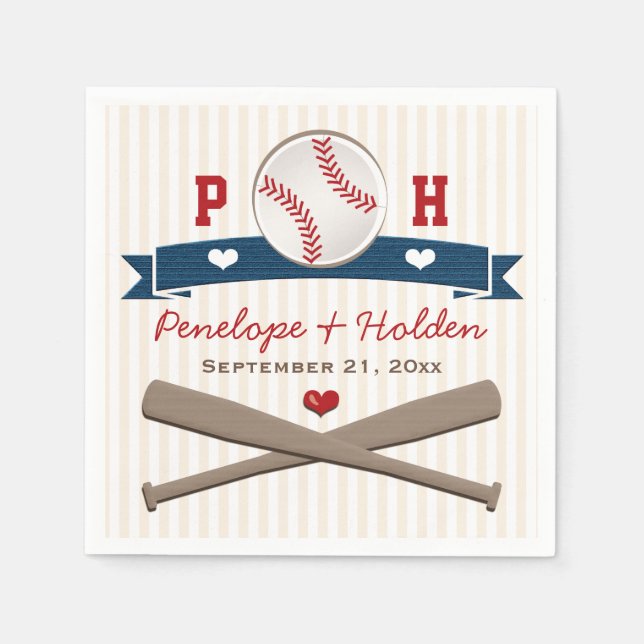 MONOGRAMMED BASEBALL WEDDING PAPER NAPKINS (Front)