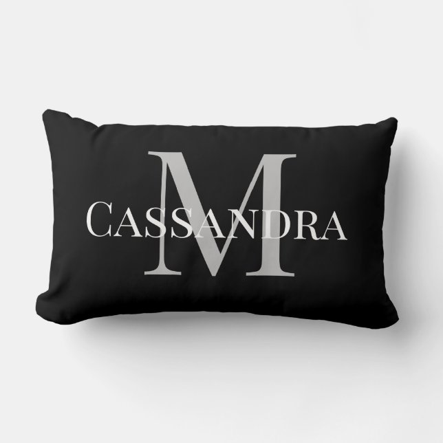 Monogrammed Basic Black Solid Color Plain Simple Lumbar Pillow (Front)