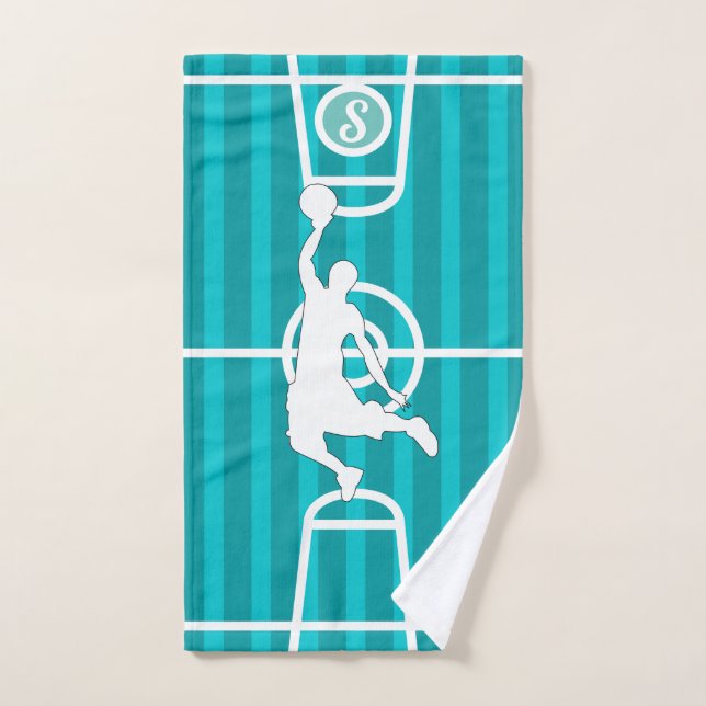 Monogrammed Basketball Player on Green Blue Court Hand Towel (Hand Towel)