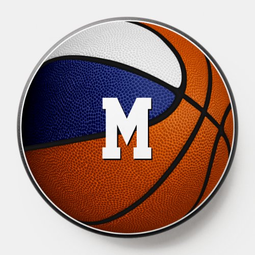monogrammed basketball w blue white team colors PopSocket