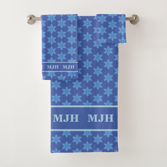 Monogrammed Bath Towel Set - Blue Snowflakes  (Insitu)