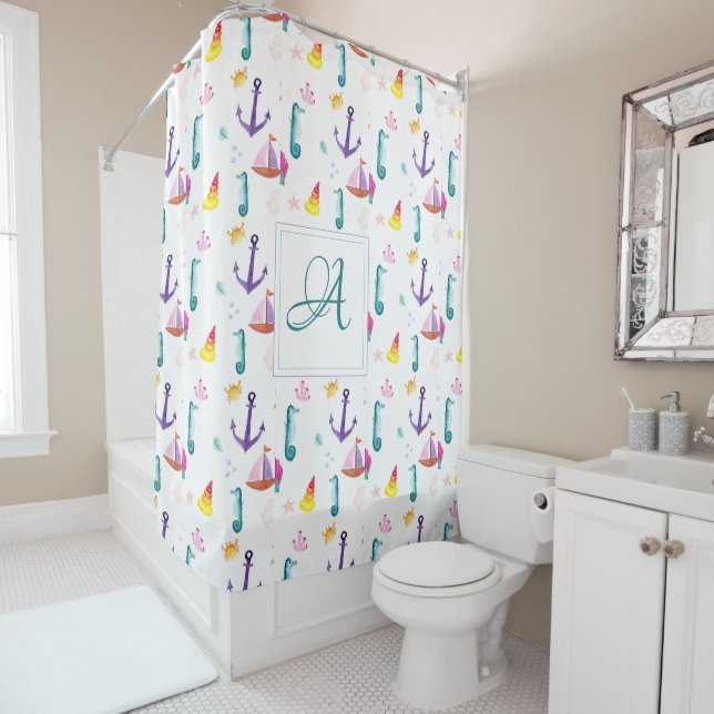 Monogrammed Beachhut Kids Bathroom Ocean Life Sea Shower Curtain (In Situ)