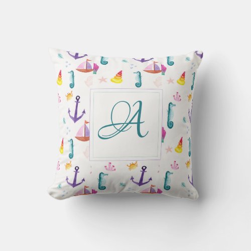 Monogrammed Beachhut Kids Bathroom Ocean Life Sea Throw Pillow