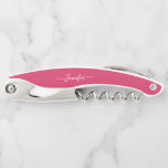 Monogrammed Beer Wine Corkscrew Pink Bottle Opener<br><div class="desc">Create your own custom, personalized, classy modern elegant white calligraphy typography script font monogrammed on dark pink background, chic stylish cool contoured ergonomic handle bottle opener featuring a stainless steel foil cutter blade, a beer bottle cap opener, and a steel spiral corkscrew wine bottle opener. Simply type in your name...</div>