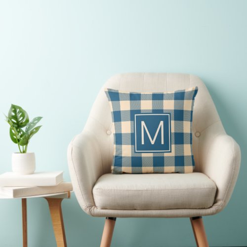 Monogrammed Beige and Navy Buffalo Plaid Throw Pillow