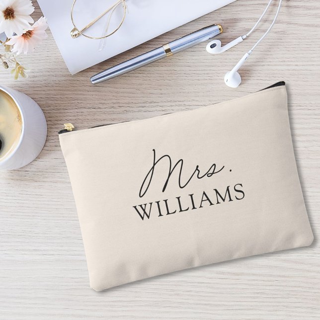 Monogrammed Beige Mrs Elegant Script Accessory Pouch (In situ, on office desk)