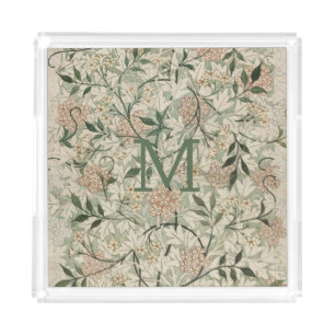 Monogrammed Beige, Sage Green, Peach Floral  Acrylic Tray