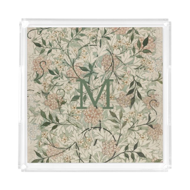 Monogrammed Beige, Sage Green, Peach Floral  Acrylic Tray (Front)