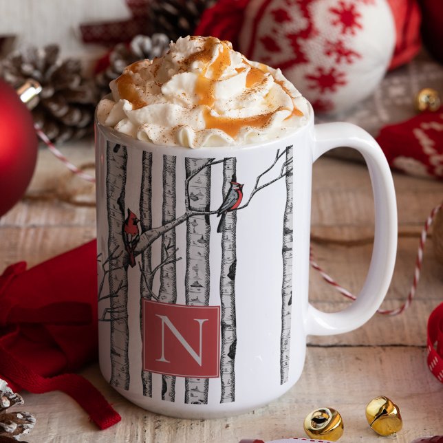 Monogrammed Birch Trees and Red Cardinal Birds Mug (Festive & Modern Monogrammed Mug Featuring Red Cardinal Birds on Birch Branches, Hand Drawn in Ink.)