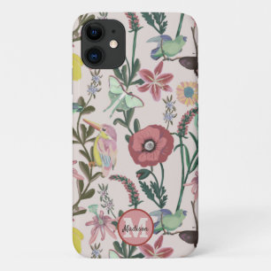 Monogrammed Bird and Butterflies Feminine Pattern iPhone 11 Case