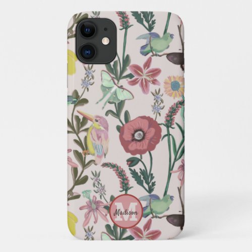 Monogrammed Bird and Butterflies Feminine Pattern  iPhone 11 Case