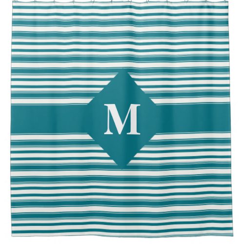 Monogrammed Biscay Bay Blue Stripes Shower Curtain