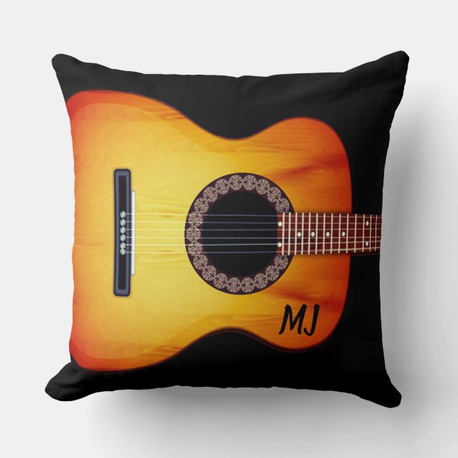 Monogrammed Black Acoustic Guitar Throw Pillow (Front)