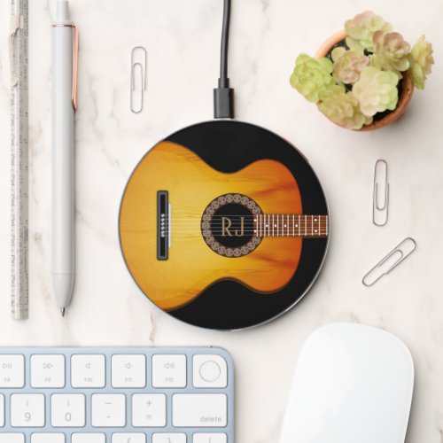 Monogrammed Black Acoustic Guitar  Wireless Charger