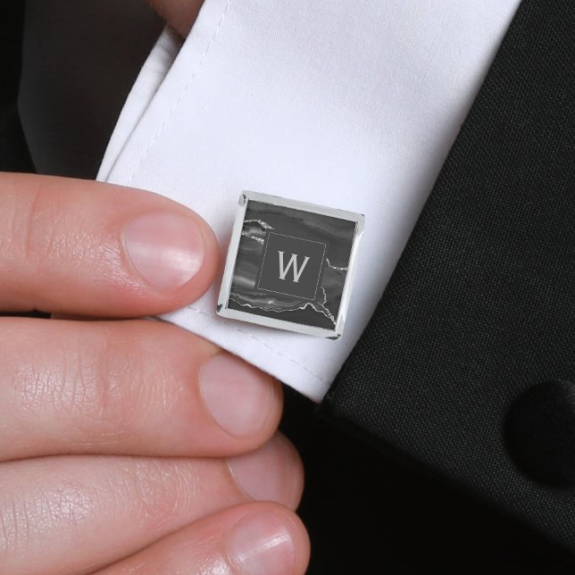 Monogrammed Black Agate Silver Dark Square Cufflinks (Creator Uploaded)