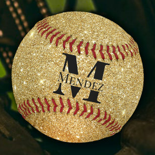 Monogrammed Black and 14K Gold Glitter Baseball