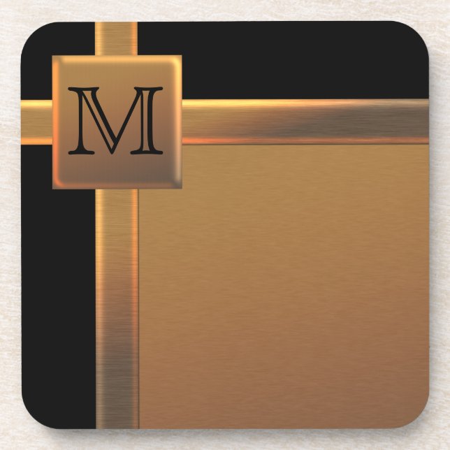 Monogrammed Black and FAUX Copper Coaster Set (6) (Front)