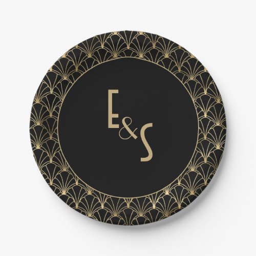Monogrammed Black and Gold Art deco Wedding Party  Paper Plates