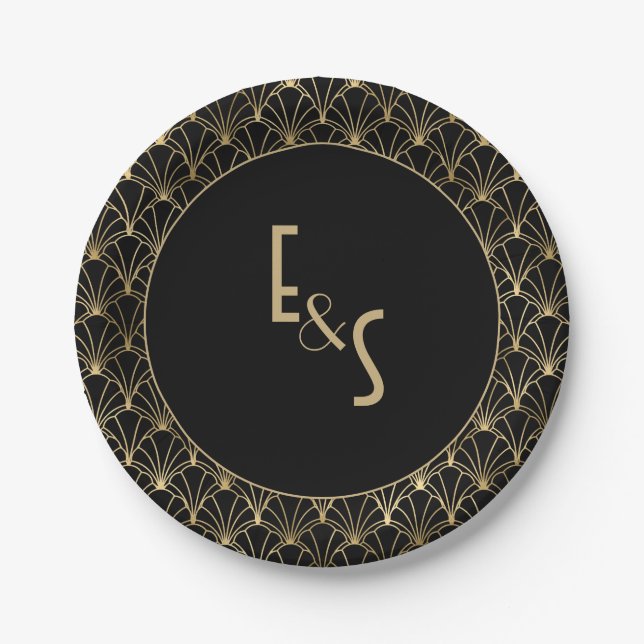 Monogrammed Black and Gold Art deco Wedding Party  Paper Plates (Front)