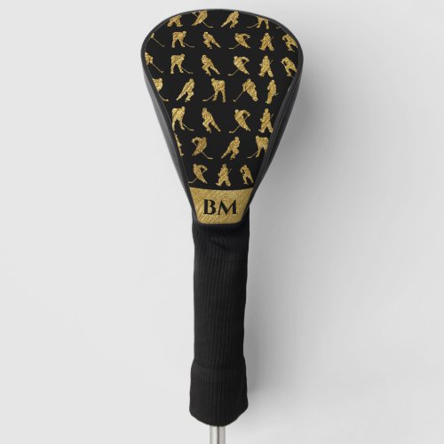 Monogrammed Black And Gold Hockey Theme Golf Head Cover