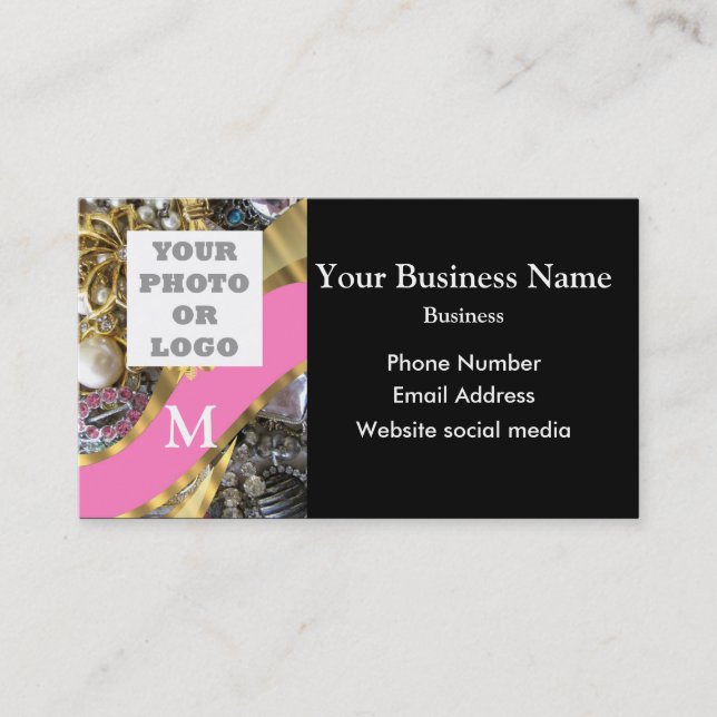 Monogrammed black and gold jewelry and logo business card (Front)