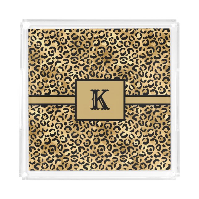 Monogrammed Black and Gold Leopard Print  Acrylic Tray (Front)