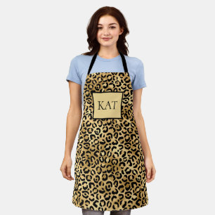 Monogrammed Black and Gold Leopard Print Cheetah Apron