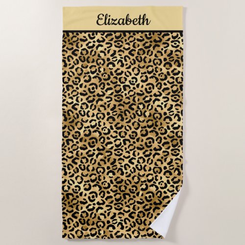 Monogrammed Black and Gold Leopard Print Cheetah Beach Towel