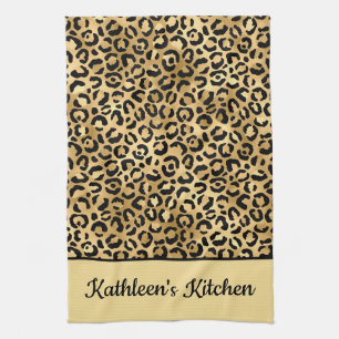 Monogrammed Black and Gold Leopard Print Cheetah Kitchen Towel