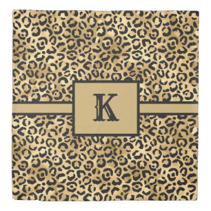 Monogrammed Black and Gold Leopard Print Duvet Cover